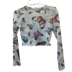 Sexy Sheer Butterfly Print Long Sleeve Crop Top 🦋